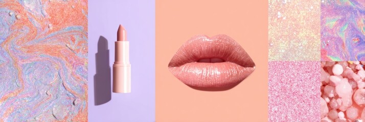 Obraz premium Collage of Beauty Icons Featuring Lips, Brush, and Bottle on a Pastel Colored Backdrop With a Clean Left Side Design