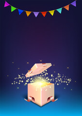 The gift box was opened under triangle flag, Light and star dust spreads out.