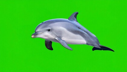 A dolphin gracefully swims against a vibrant green backdrop