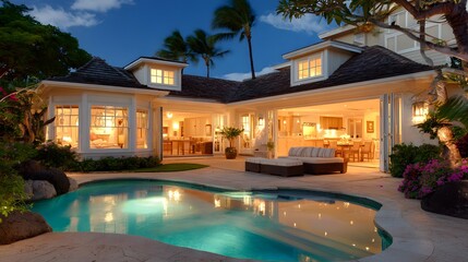Elegant outdoor patio area with a pool at twilight.