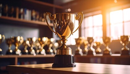 A gold trophy sits on a table, other trophies blur in background