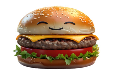 Cute Smiling Cheeseburger with Cartoon Face and Sesame Seeds Generative AI	