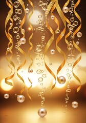 Elegant celebration background with golden ribbons, bubbles and pearls falling gently