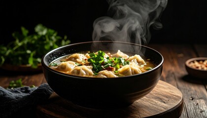 Steaming Bowl of Savory Dumpling Soup with Fresh Cilantro in Moody Light