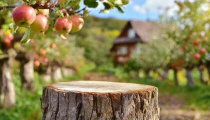 tree stump wood podium little blurred background of apple farm