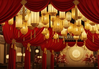 Elegant Chinese lanterns and red curtains create a festive and luxurious atmosphere