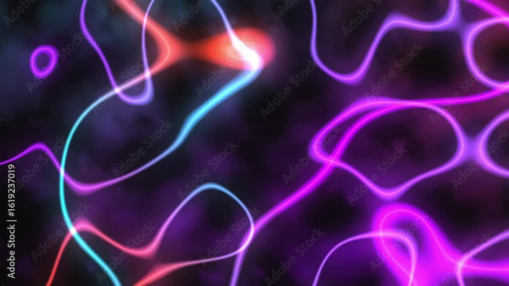Poster neon lights of various colors move across a dark background in an abstract pattern