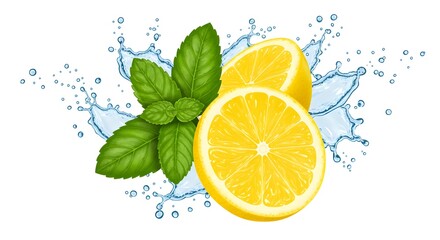 Fresh lemon slices and mint leaves with vibrant water splash for summery refreshment vibes