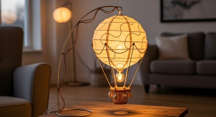 A hot air balloon lamp illuminating a living room with a sofa and a second lamp in the background