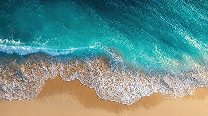 Aerial top-down view of turquoise water on pristine white sandy beach, unpopulated scenic coastal landscape for travel promotion, wallpaper, vacation poster