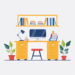 Illustration of a tidy workspace with a desk, computer, books, lamp, stool, potted plants, and a bookshelf against a plain background.