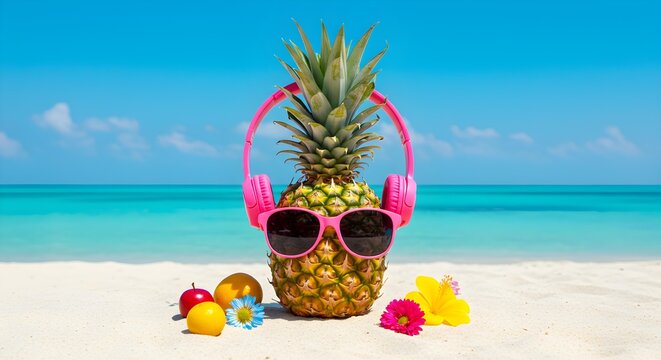 Vacation vibes pineapple chilling with sunglasses and headphones by tropical ocean beach getaway