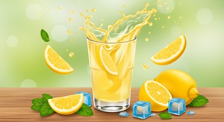 Refreshing lemonade splash with lemon slices, ice cubes, and mint on bright background for summer drink ads