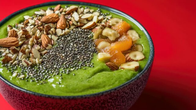 Vibrant green smoothie with nuts and seeds, rich in vitamins and fiber.