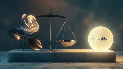 One side holds a luminous white rose with dark metallic leaves, while the other is weighed against a softly glowing orb inscribed with the word “equality" - Generative AI