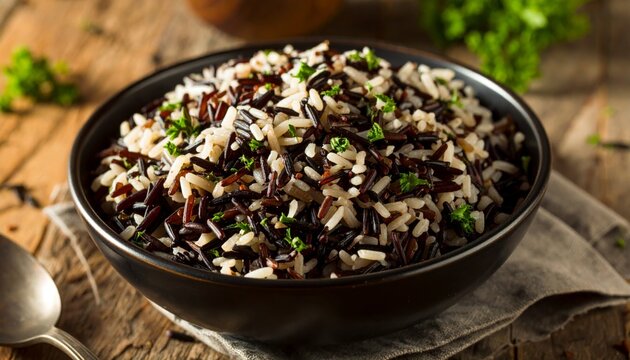 Hearty Wild Rice Pilaf with Fresh Parsley in a Dark Ceramic Bowl on a Rustic Wooden Surface - Powered by Adobe