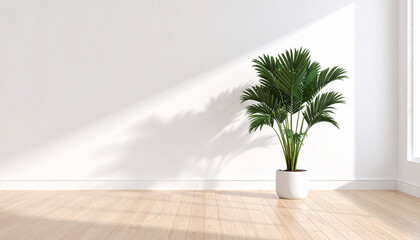 Fototapeta premium Indoor Tranquility: An elegant indoor scene showcasing a lush potted plant basking in natural sunlight, enhancing a minimalist interior's serenity.