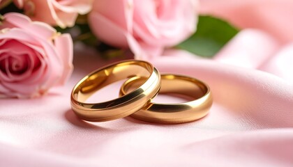 Elegant wedding rings and pink roses on soft satin symbolizing love and commitment