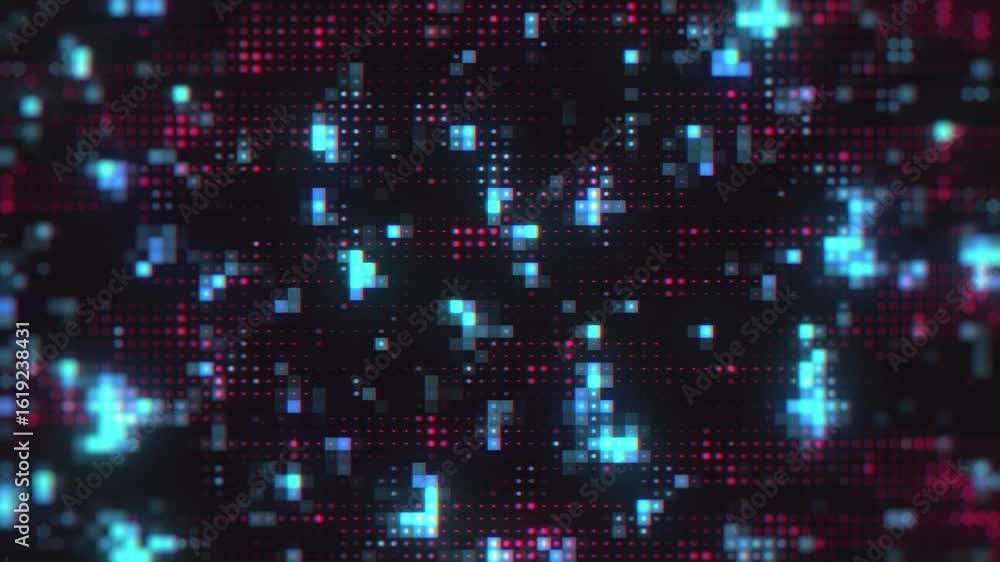 Poster a digital background animation featuring a grid of pixels in blue and red hues, with a glitchy effec