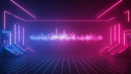 Pulsing Neon Waveform, Futuristic Grid Room, Studio Scene, Indoor, Wide Angle, Abstract Concept for SEO - Powered by Adobe