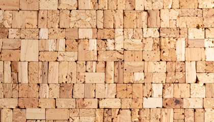 Fototapeta premium Cork Wall Texture: A captivating shot of a detailed, close-up view of a cork wall, with individual cork pieces of varying shapes and sizes, creating an intriguing, naturalistic texture.