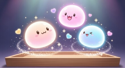 Cute Floating Cartoon Bubbles with Happy Faces in Magical Sparkling Scene