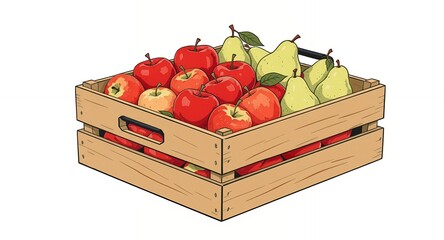 Wooden Crate of Apples and Pears Fresh Fruit Harvest Illustration