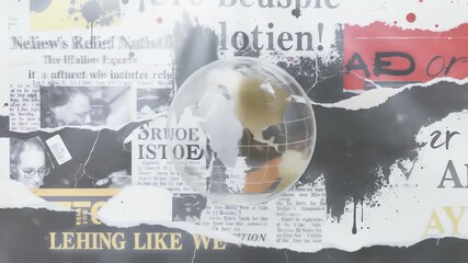 Closeup of torn newspaper collage with 3D Earth globe reflection on surface - Powered by Adobe