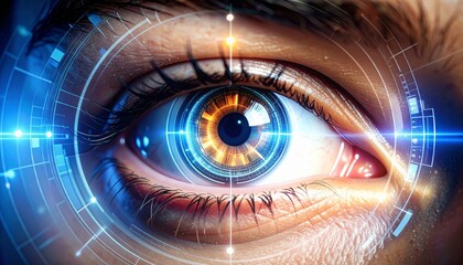 Cybernetic Vision: Macro of a Human Eye with a Luminous Digital HUD