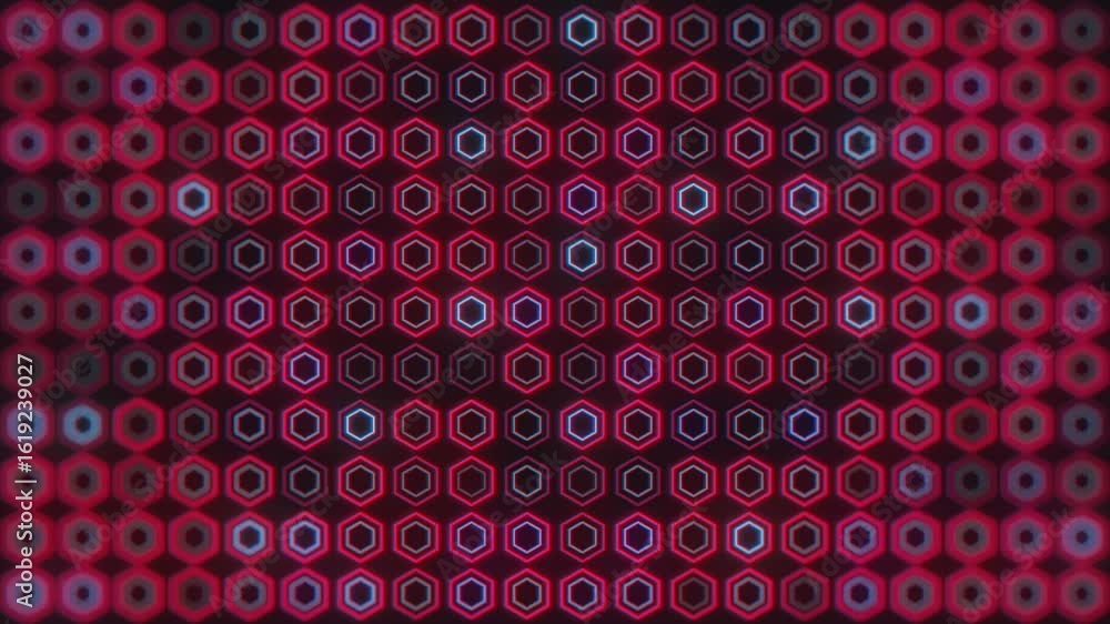 Poster a repeating pattern of red and blue hexagons pulsate on a black background