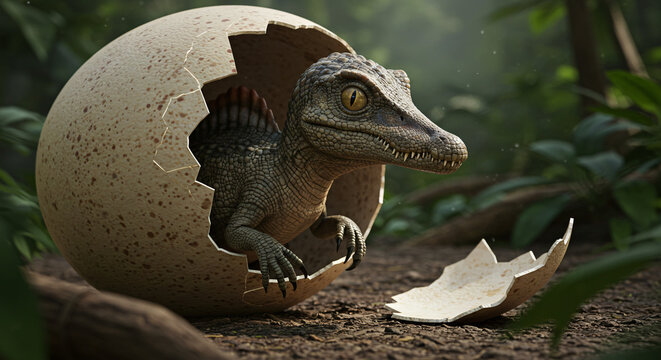 spinosaurus A baby raptor emerges, its bright eyes alert as it steps out of its cracked egg