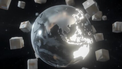 Digital Globe Surrounded by Floating Cubes in Space with Glowing Effects - Powered by Adobe