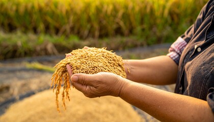 Farmer holding freshly harvested rice grains in cupped hands, showcasing the golden harvest against a blurred field backdrop.