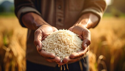 Farmer holding a handful of harvested rice grains in his cupped hands, with a golden rice field visible in the blurred background.