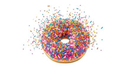 Exploding Pink Frosted Donut PNG with Colorful Sprinkles for Sweet Treat Lovers