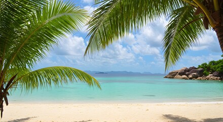 Escape to paradise with this stunning tropical beach scene and swaying palm trees inviting relaxation and vacation vibes