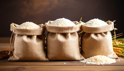 Three burlap sacks filled with white rice sit on a wooden surface, with scattered grains and stalks of rice nearby.