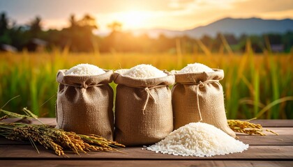 Three burlap sacks overflowing with white rice, alongside a pile of grains, set against a sunlit rice field.