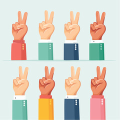 A diverse collection of hands in colorful sleeves making the peace or victory sign.