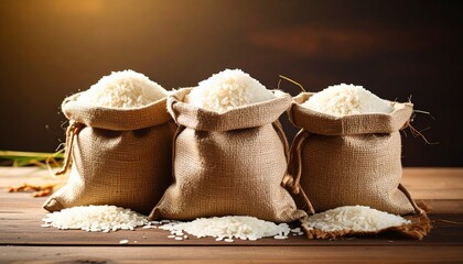 Three burlap sacks overflowing with white rice, arranged on a wooden surface, illuminated by warm light.