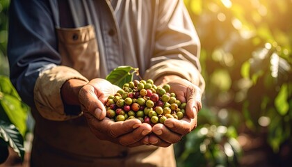 Close-up of a farmer's hands holding freshly harvested coffee beans, showcasing the vibrant colors and textures of the crop in a sunlit field.