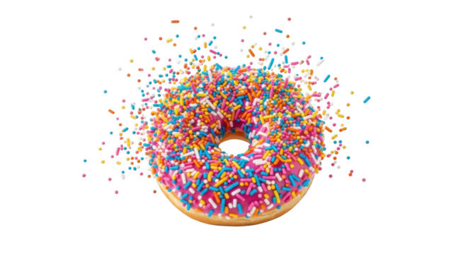 Exploding Pink Frosted Donut PNG with Colorful Sprinkles for Sweet Treat Lovers
