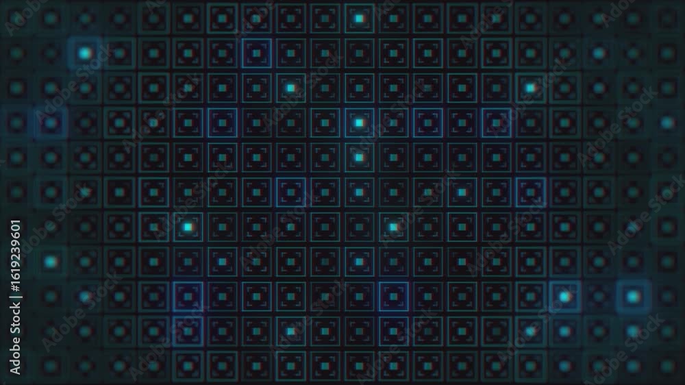 Poster a repeating pattern of blue squares flashes and pulsates in a grid formation on a black background