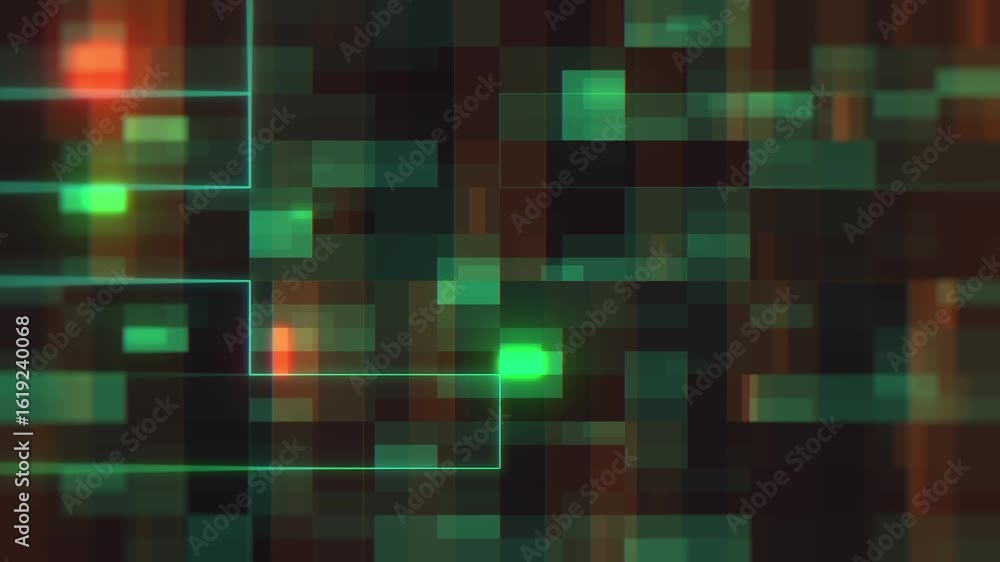 Poster abstract green and orange pixelated pattern background animation with bright neon outlines. this vid
