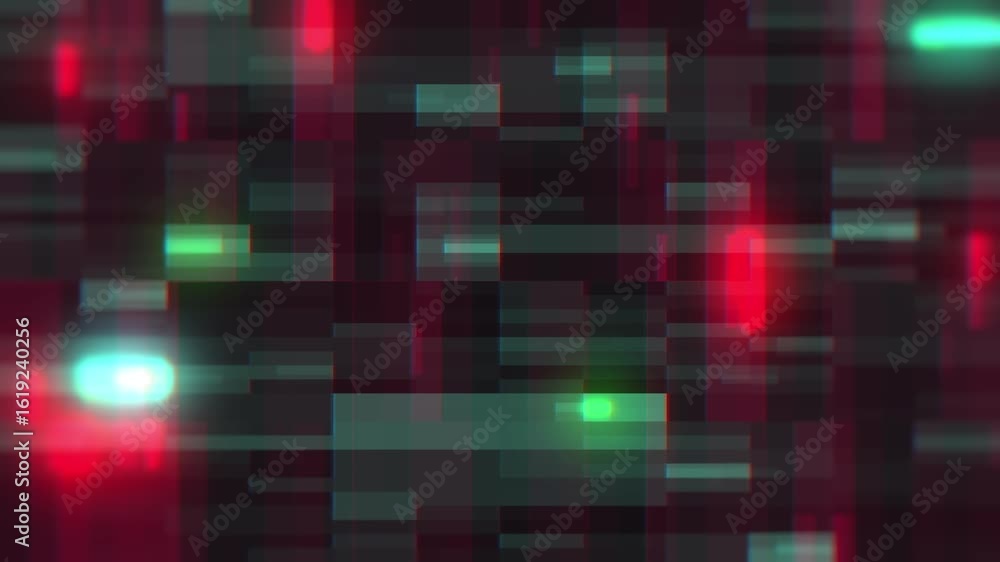 Poster a digital animation with a dark background and colorful geometric shapes. there are red and green li