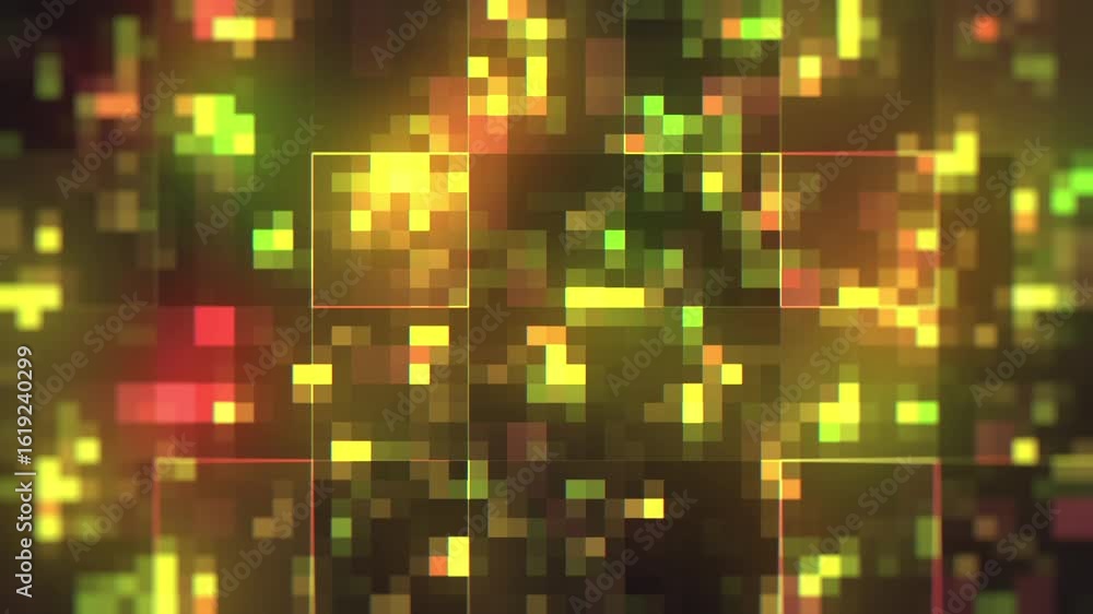 Poster a digital background with a grid of glowing pixelated squares in various shades of yellow, orange, g