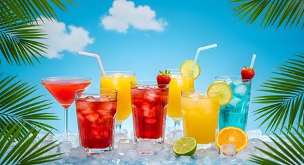 Refreshing tropical cocktails on ice with colorful fruit create a vibrant summer vibe for your brand