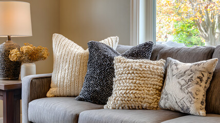 Modern sofa with neutral-toned decorative pillows in a cozy living room corner.