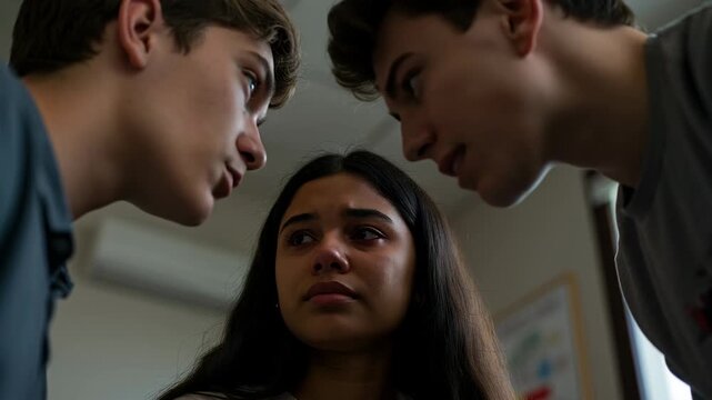 Distressed teenage girl experiencing bullying and mental health struggles from peer intimidation in a school setting