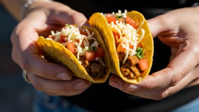 Hands holding two tacos outdoors, sunny day